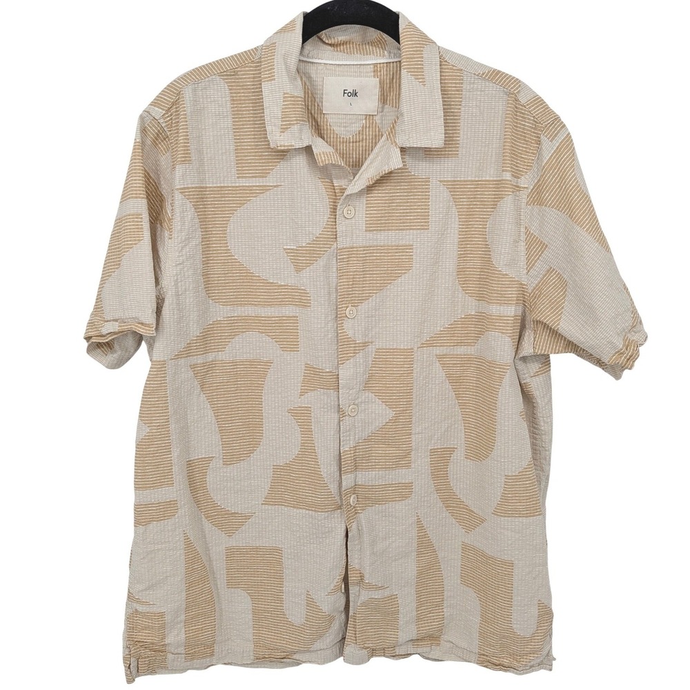 Folk Short Sleeve Shirt Mens Large Tan Abstract Geometric Seersucker Cotton